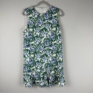 Victoria Beckham Green Blue White Floral Flounce Hem Sleeveless Dress Size 10
